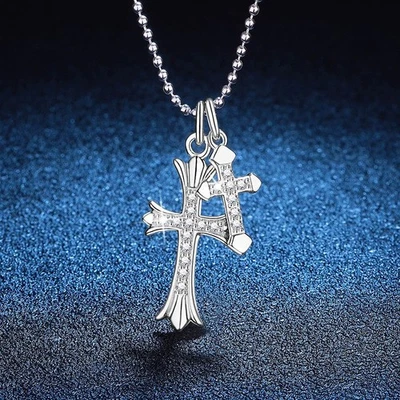 VVS1 Moissanite Cross Pendant Necklace Men Women 925 Sterling Silver GRA Hip Hop - Image 1 of 4