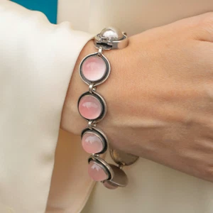 Scandinavian Silver Rose Quartz Cabochon Bracelet - Picture 1 of 4