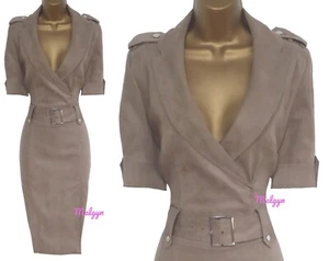 KAREN MILLEN ✩ CLASSIC TAUPE SOFT FAUX SUEDE SAFARI MILITARY TRENCH DRESS ✩ UK12 - Picture 1 of 12
