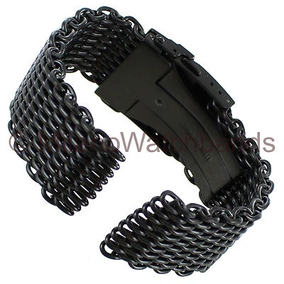 24mm deBeer PVD Black Steel Solid Shark Mesh Push Button Divers Clasp Watch Band - Image 1 of 4