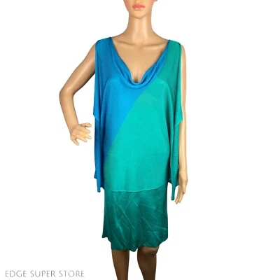 Marciano Teal Blue Cowl Neck Sleeveless Ruffle Knit Viscose Dress Size Large - Image 1 of 4