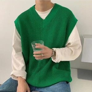 Men's New Fashion Winter V Neck Pure Color Kniting Vest Warm Sleeveless Sweater - Picture 1 of 16
