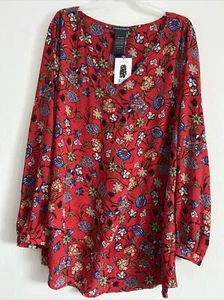 Chelsea & Theodore Red Floral Print Long-Sleeve Crossover Women's Top Size 2XL - Picture 1 of 3