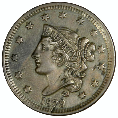 1839 LARGE CENT ~ HEAD OF 1838 '38 ~ SEVERAL PLANCHET PEEL ERRORS! NICE BOLD AU! Cover