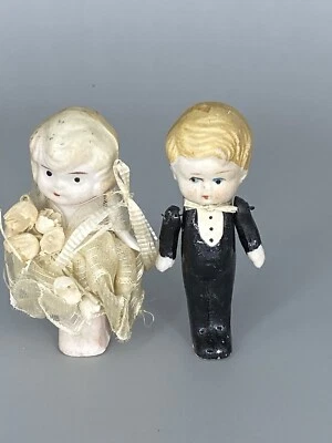 Antique 1920’s Bisque Kewpie Bride And Groom Wedding  Cake Topper Flowers - Image 1 of 4