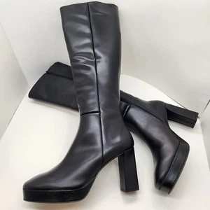 Plateau Stiefel Damen 10 Schwarz Glanz Leder Absatz Kniehoch Eckige Spitze Neu 220€ - Bild 1 von 16