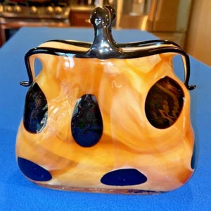 Murano Style Art Glass Coin Purse Italian Mouth Hand Blown Vase Gold and Black - Picture 1 of 13