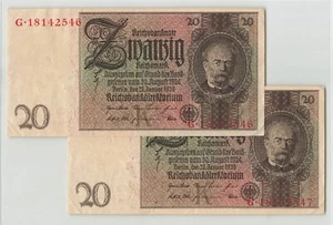 GERMANY 20 Reichsmark 1929, P-181a, "K", Consecutive Pair, EF Grade. B3 - Picture 1 of 2