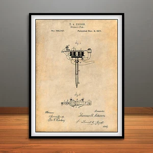 1877 Tattooing Machine by Thomas Edison Patent Print Art Drawing Poster - Picture 1 of 5