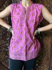Boho Gypsy Hippy Pink Golden Print Tunic Blouse Cotton Summer Sleeveless Tops SM