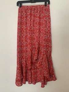 Max Studio Red Floral Ruffle Hem High Low Skirt Size Medium Cowgirl - Picture 1 of 6