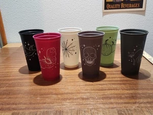 2019 Starbucks Halloween Fall Moth Cat Crow Skull Reusable Hot Cup Set 6 No Lids - Picture 1 of 11
