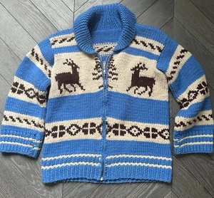 Chunky Hand Knit Wool 1950s Nordic Cardigan W Deer And Spruce Trees 21” Pit -Pit - Picture 1 of 3