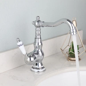 Grifo mezclador de lavabo de baño cromado giratorio de una sola manija montados en cubierta - Imagen 1 de 40