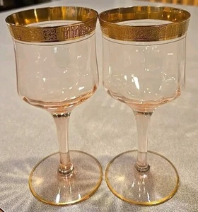 VTG Tiffin Franciscan PINK Wine, Water Glasses (2) w/ GOLD Design Band, 6 5/8" - Picture 1 of 5