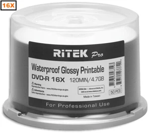 50-Pak RITEK PRO Waterproof GLOSSY White Inkjet Hub 16X 4.7GB DVD-R's - Picture 1 of 7