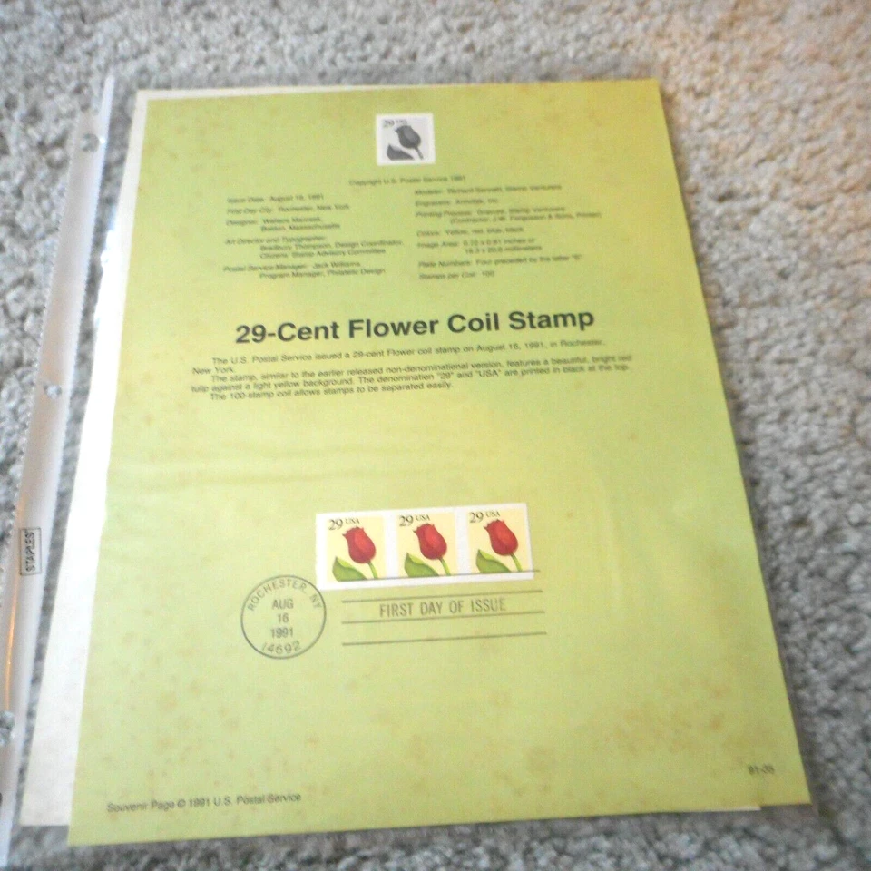 1st Day Of Issue 1991 Souvenir Stamp Sheets 19 Cent Balloon 29 Cent Flower Coil - Image 1 of 1