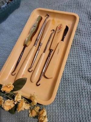 Vtg Celluloid Handle Button Hook Set with Tray and Cuticle Tool - Image 1 of 4
