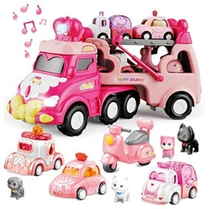 9 in 1 Carrier Truck Cars Toys for Girls Toddlers,Princess Girl Car with Pink - Picture 1 of 7