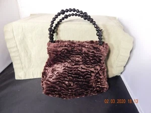 Vintage Brown Faux Fur Mini Child's Purse Beaded Handle Bag  - Picture 1 of 5