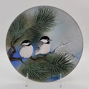 Vtg Norman Brumm"Chickadee Birds on Snowy Pine Tree" Enamel-on-Copper Plate/Dish - Picture 1 of 8
