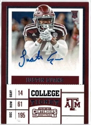 2017 Panini Contenders Draft Picks Justin Evans Texas A & M Auto Card No. 252 - Image 1 of 2