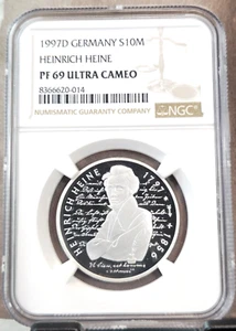 1997 GERMANY SILVER 10 MARK POET HEINRICH HEINE NGC PF 69 ULTRA CAMEO SCARCE GEM - Picture 1 of 3