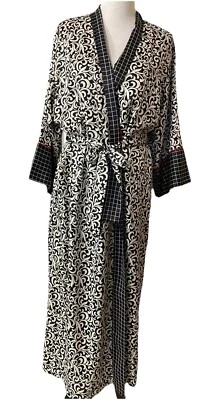 Natori Sz L Black White Red Long Kimono Robe Sash Belt Silky Satin Partial Lined - Image 1 of 4