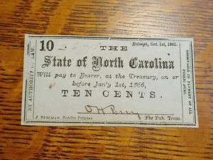 1861 North Carolina 10 Ten Cents Small Confederate State Obsolete Note AU+ JRPM - Picture 1 of 4