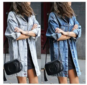 2025 Women's Oversize Ripped Denim Jacket Biker Casual Long Sleeves Jeans - Picture 1 of 13