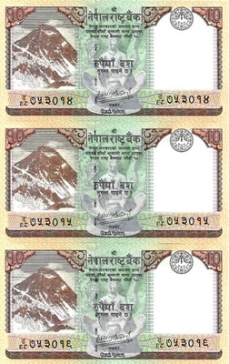 Nepal 3x 10 rupias 2020 P-77b UNC consecutivo Foto 1 de 2