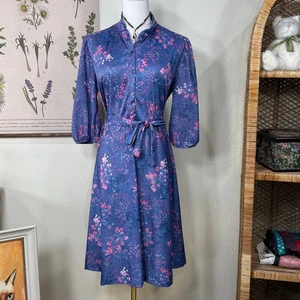 Vintage 70s 80s Purple Floral Cherry Blossom Belted Pleated Dress Retro Mod M 8 - Picture 1 of 4