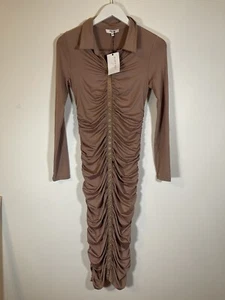 Edit By Nine Women's Ruched Bodycon Long Sleeve Dress Pencil Maxi Beige Size Med - Picture 1 of 5