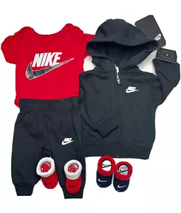 NIKE Baby Boys 5-pc GIFT SET:Bodysuit, Jacket, Pants & Booties 0-6 Months BLACK - Picture 1 of 7