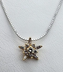14k 585 YG .19 ctw Diamond Starburst w White Gold Box 20" Chain Necklace Au 2341 - Picture 1 of 12