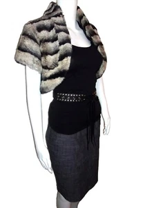 Women's Black Gray Chinchilla Genuine Rabbit Fur Bolero Jacket Shrug SZ S - Picture 1 of 5