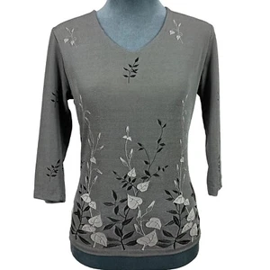 Vintage 90s Y2K Nicola Womens Small 3/4 Sleeve Dark Floral Slim Fit Top USA Made - Picture 1 of 6