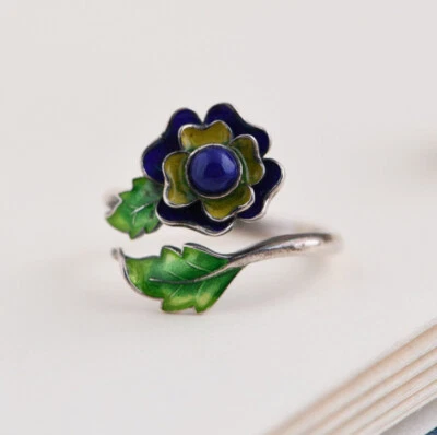I05 Cloisonne Anello Verde Foglie Blu Lapis Lazuli Argento 925 Regolabile - Immagine 1 di 4