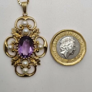 A Stunning 9ct gold Amethyst & Pearl (Hallmarked) Pendant & Chain 10.12g - Picture 1 of 12