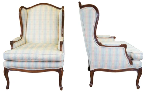 2 Baker Louis XV French Country Bergere Wingback Chairs Scalamandre Plaid Cover