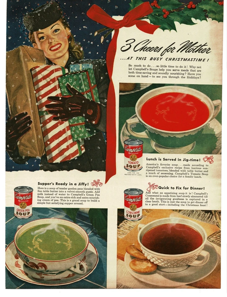 1945 Campbell's Tomato Consomme sopa de ervilha verde arte de Natal impressão vintage anúncio - Imagem 1 de 1