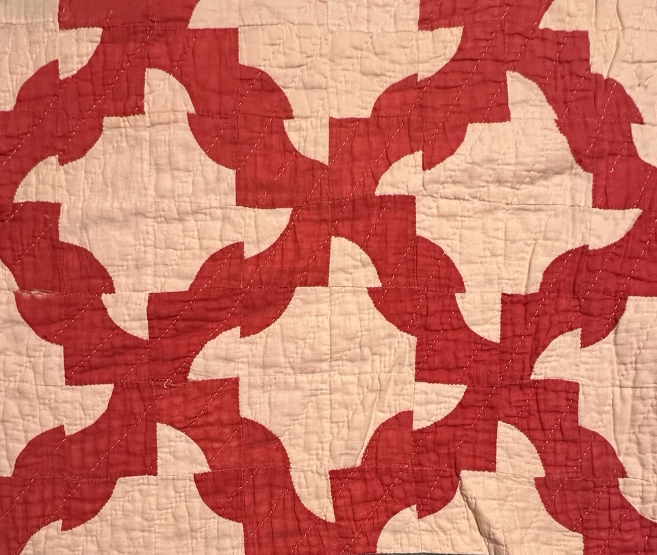 Vintage Cutter Quilt Piece  Drunkards Path  16” x 20” Red And Beige  #4 - Image 1 of 4