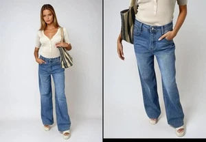 iKrush Waisted Wide Leg Jeans Mom Jeans Regular Length Casual Workwear - Picture 1 of 5