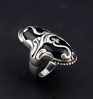 Anel de prata esterlina Georg Jensen # 18 com ágata preta. Design: o próprio GJ. - Imagem 1 de 4