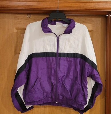 Chaqueta deportiva vintage Reebok negra púrpura blanca con cremallera para mujer talla mediana” Foto 1 de 4