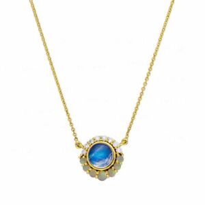 14K Gold Genuine Diamond Opal Rainbow Moonstone Halo Pendant Necklace Jewelry