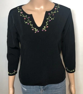 John Paul Richard Uniform Black Knit Top Sz M Embroidered 3/4 Slv vtg 80s 90s Foto 1 de 4