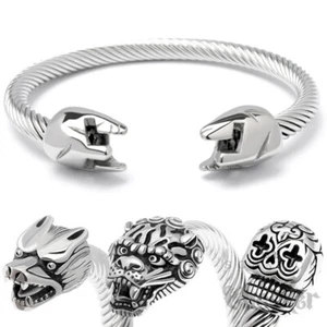 Brazalete de acero inoxidable para hombre pulsera plata lobo dragón calavera esparta casco de guerrero - Imagen 1 de 12