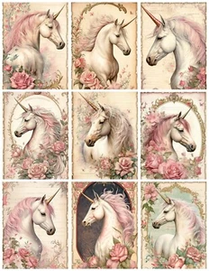 Handmade Set of 9 Unicorns & Cottage Roses Collage Images Cotton FABRIC Panel - Picture 1 of 1