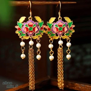 Colorful Flower Earring Crystal Pearl Drop Dangle Earrings Gold Jewelry Party - Picture 1 of 4